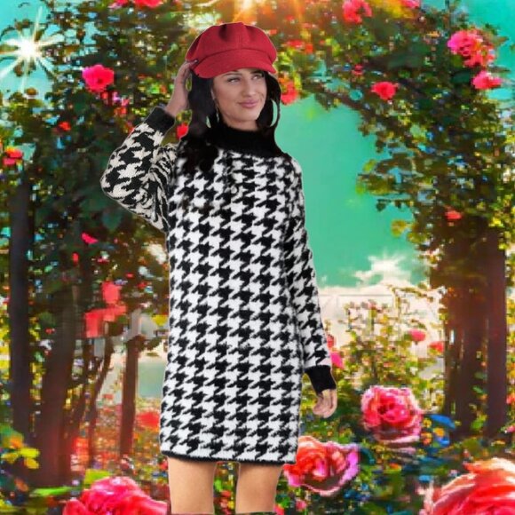 SO Goods For Life Black and White Houndstooth Mock Neck Sweatwer Dress Sz XL-L - Picture 3 of 5